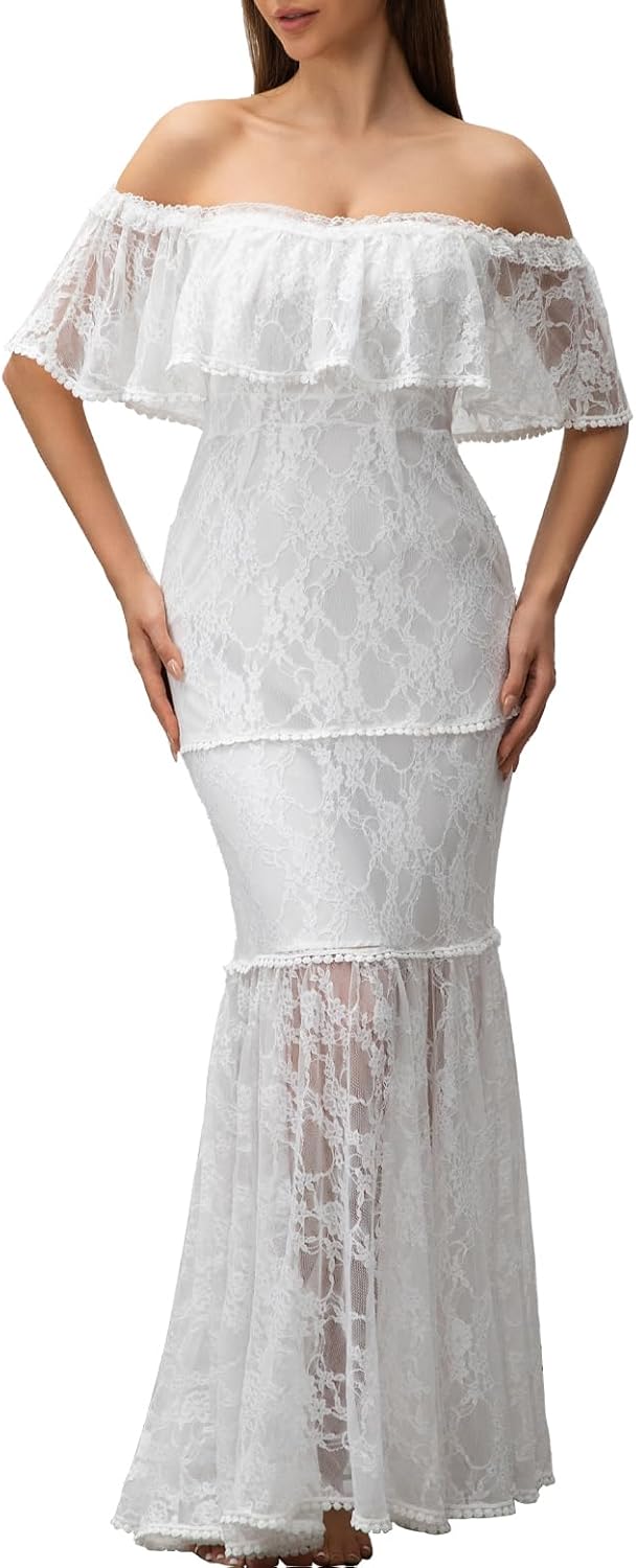 HOYISHION Women's Off The Shoulder Floral Lace Maxi Dress White Bridesmaid Wedding Party Maternity Photoshoot Long Dresses