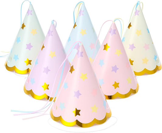 24 Pcs Pastel Party Hats Paper Cone Birthday Hats with Hot Stamping Pentagram and Ribbon Mini Party Headwear for Birthday, Baby Shower, Bridal Shower Decorations