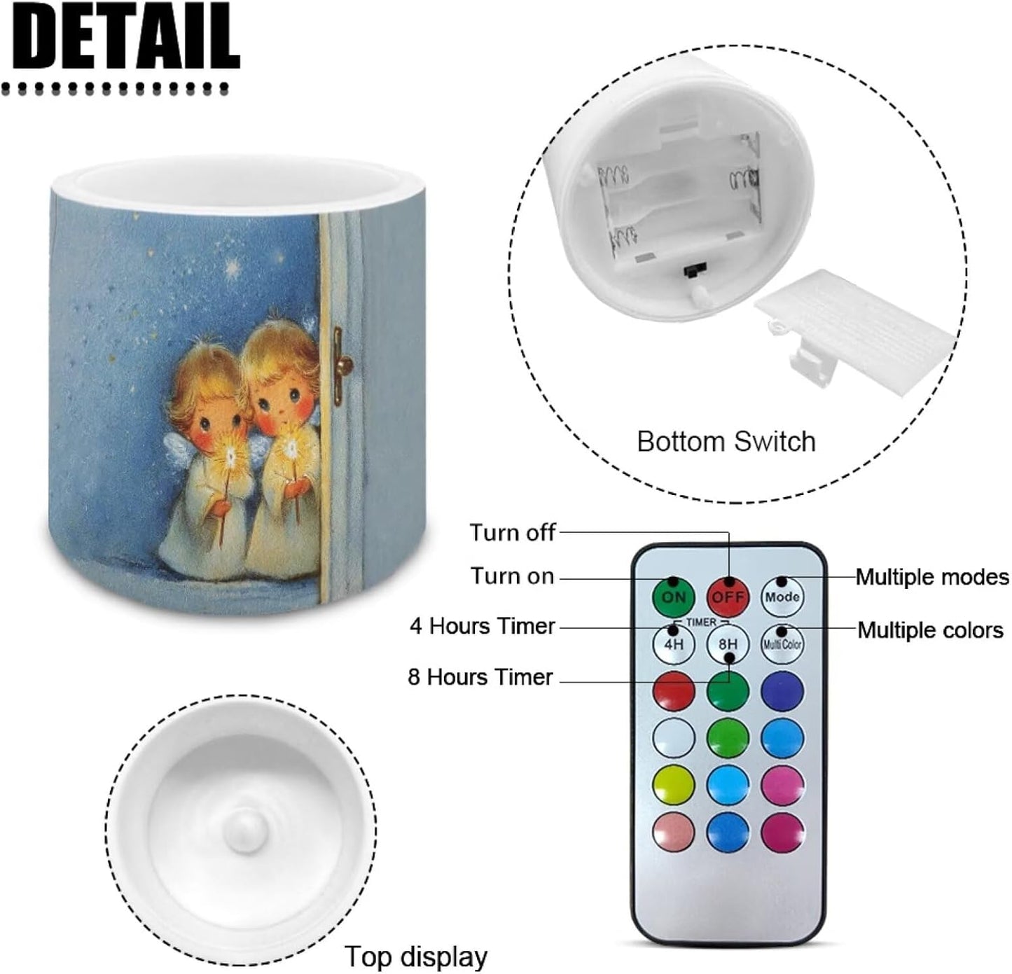 Poceacles LED Flameless Candles Set of 4 Multi-Color Battery Operated Fake Flickering Candles with Remote and Timer, for Holiday Festival Winter Decorations, Cute Angel Sparkler