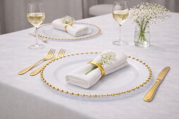 PLASTICPRO White with Gold Rim Plastic Charger Plates with Beaded Edge – Pack of 4 – 13" Elegant Round Disposable Chargers for Weddings, Events, Parties, and Dinners