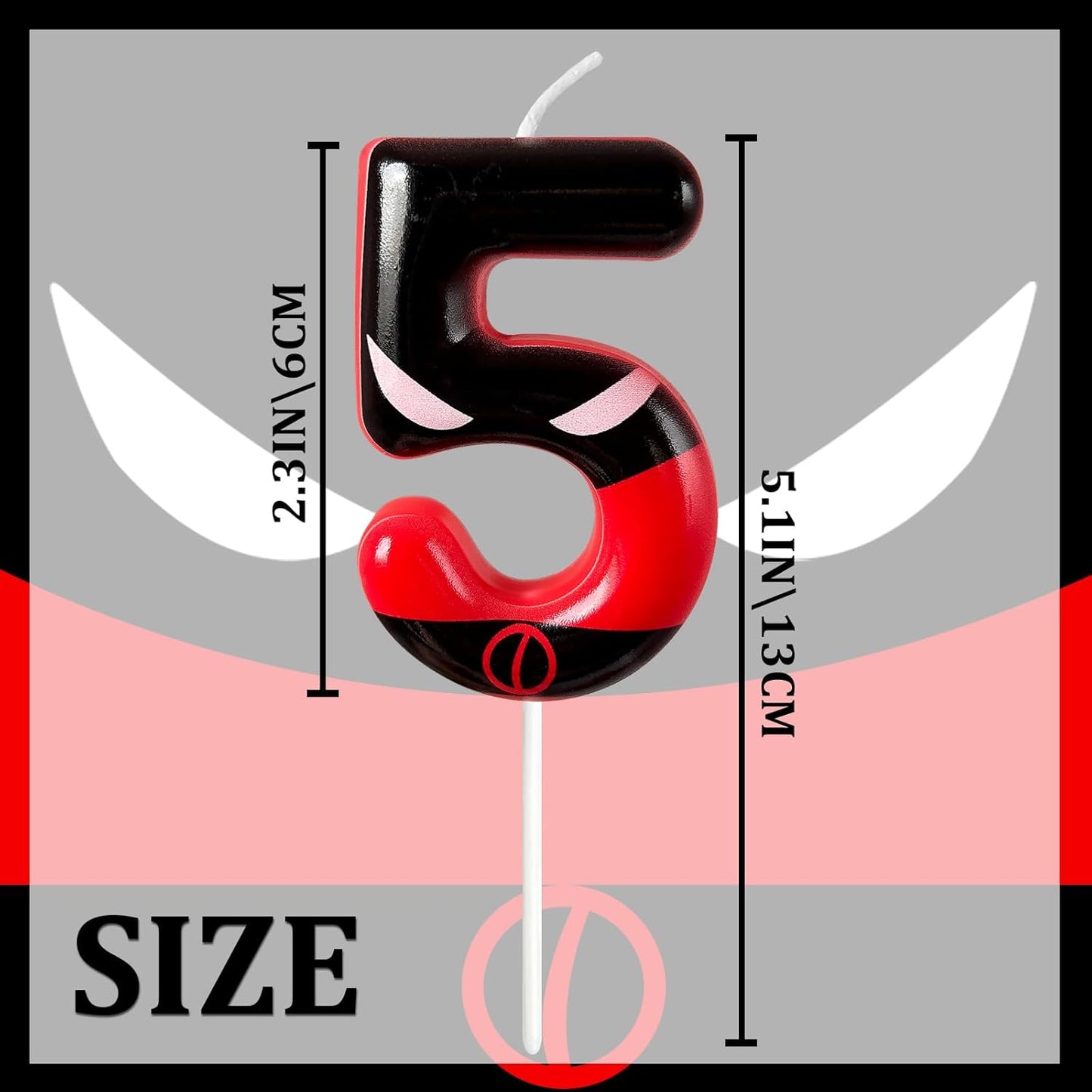Black Red Mask Number 5 Birthday Candles - Comic Themed Cake Topper for Birthday Decorations Supplies, 5 Candle Party Favors (Number 5)