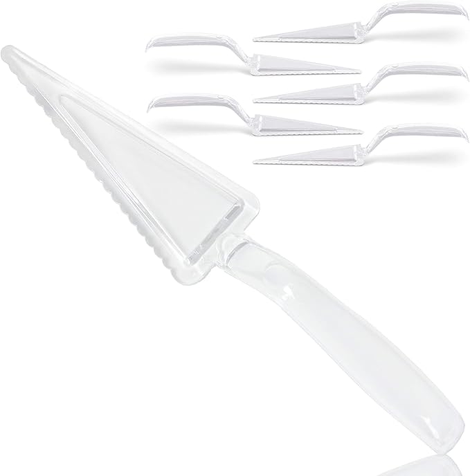 Fit Meal Prep 6 Pack 10 Inch Plastic Pie Server - Clear Disposable Cake Servers & Cutter Utensil, Heavy Duty Spatula for Serving Platter, Cutting Dessert, Pizza Pastry Slicer, Kitchen Knife