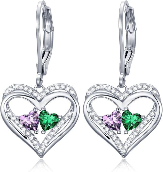 Valentines Day Gifts for Women, Heart Leverback Earrings Double Birthstone Dangle Earrings for Women, Love Jewelry for Her, Anniversary Birthday Gift for Mom Wife Girlfriend