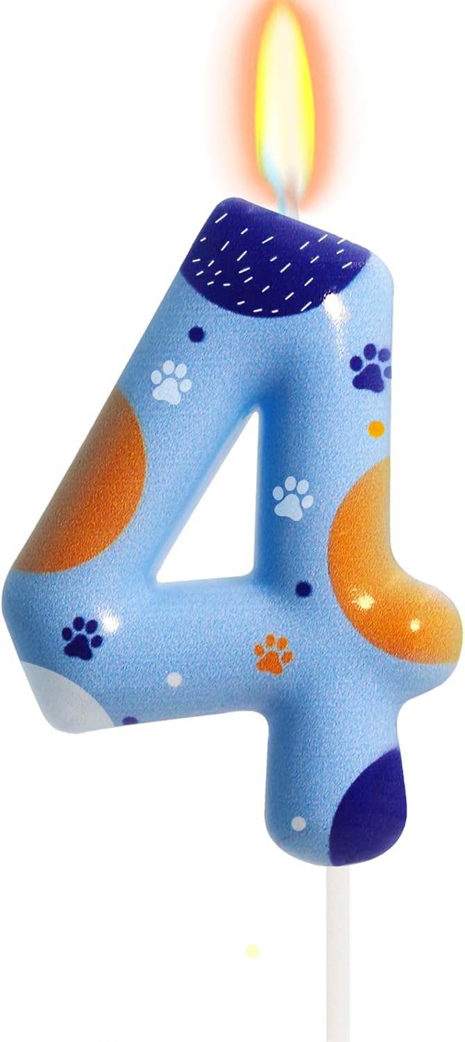 Blue Dog Paw Birthday Candles, Number 4 Print Party Supplies, 2.76 Inch Cake Topper Decorations (Number 4)