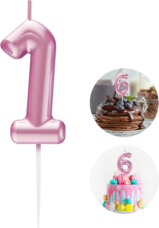 Pink Number 1 Candle Happy Birthday 3D Number Candles for Birthday Cake Party Decoration Wedding Anniversary Celebration Supplies