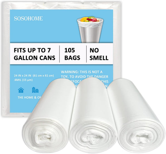 7 Gallon Trash Bags - 15 Micron Thick Strong Wastebasket Trash Can Bag for Office Home Kitchen, Clear Medium Size Garbage Bags, 105 Count