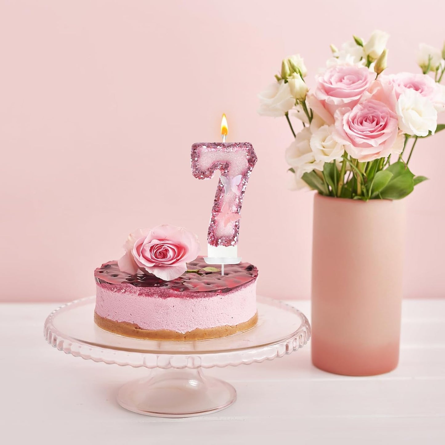 7th Birthday Candles，Glitter Butterfly Cake Toppers Pink Sequins Wedding Numeral Cupcake Decorations，Suitable for Girl and boy Wedding Cakes, Party Celebrations, Birthday Decorations