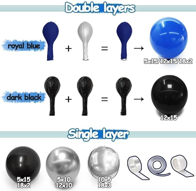 Black Blue Balloon Garland, Double Stuffed Navy Royal Blue Black Metallic Silver Foil Balloon Arch Kit for Birthday Graduation Baby Shower Wedding Anniversary Party Decorations