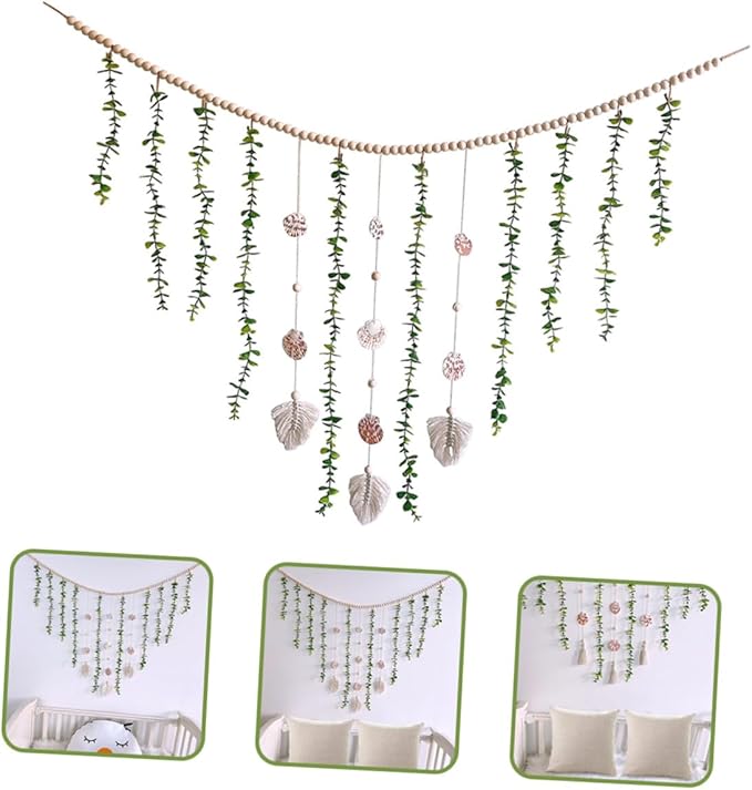 Wooden Bead and Shell Pendant Garland with Simulated Eucalyptus Leaves Lightweight Boho Hanging Decor for Door Window Aesthetic Leaf Vines Plant Decoration for Home and Party