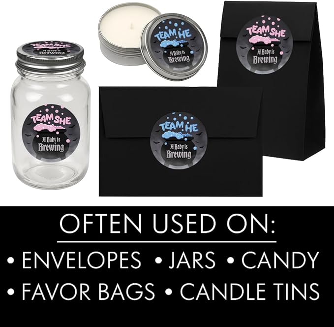 Baby is Brewing Halloween Gender Reveal Party - Bubbling Witch Cauldron Team He or Team She - 40 Stickers - Pink Blue