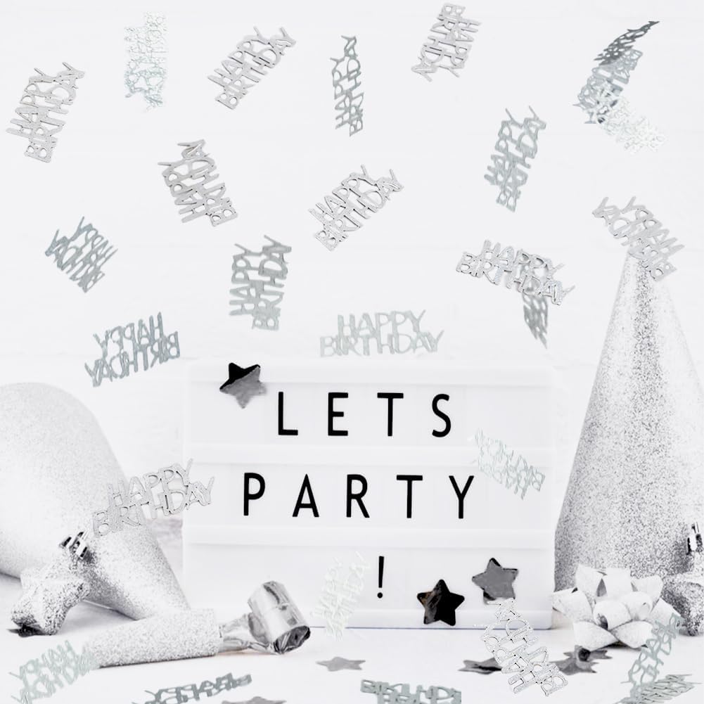 Glitter Silver Happy Birthday Confetti, Birthday Party Table Decorations, Silver Paper Confetti, Sprinkling Table Scatter for Women Men Boys Girls Party Supplies
