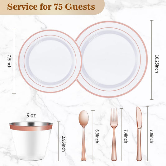 BESTVIP 450PCS Plastic Dinnerware Set (75 Guests), Rose Gold Disposable Plates for Party, Wedding, Christmas, Anniversary, Includes: Dinner Plates, Dessert Plates, Cups, Spoons, Forks and Knives
