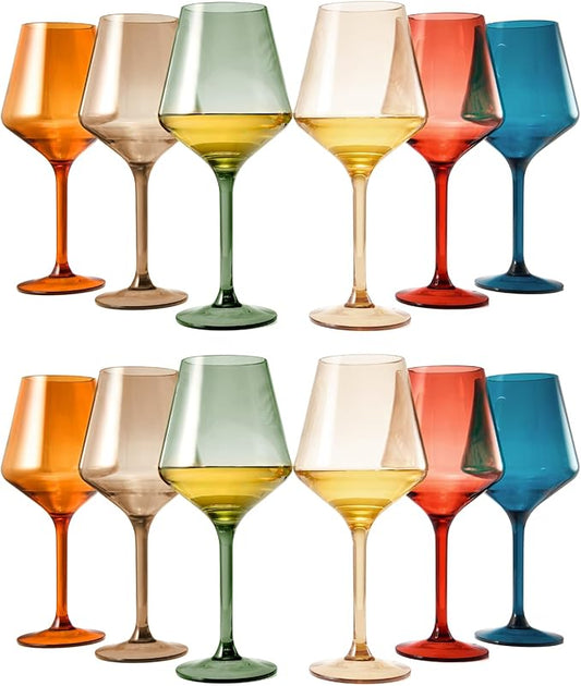 European Style Plastic Crystal Unbreakable Stemmed Wine Glasses | Set of 12 | Acrylic Glasses Tritan Pastel Color Shatterproof BPA-free, Outdoor, Pool, Indoor, Hand Wash 17oz Gift, Everyday & Holiday