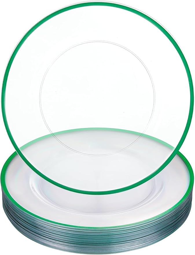 WDF 12 Inch Green Charger Plates - Charger Plates Bulk - 25Pack Plastic Clear and Green Charge Plate Perfect for Dinner/Wedding/Party/St. Patrick's Day/Easter