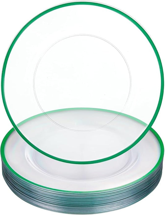 WDF 12 Inch Green Charger Plates - Charger Plates Bulk - 25Pack Plastic Clear and Green Charge Plate Perfect for Dinner/Wedding/Party/St. Patrick's Day/Easter