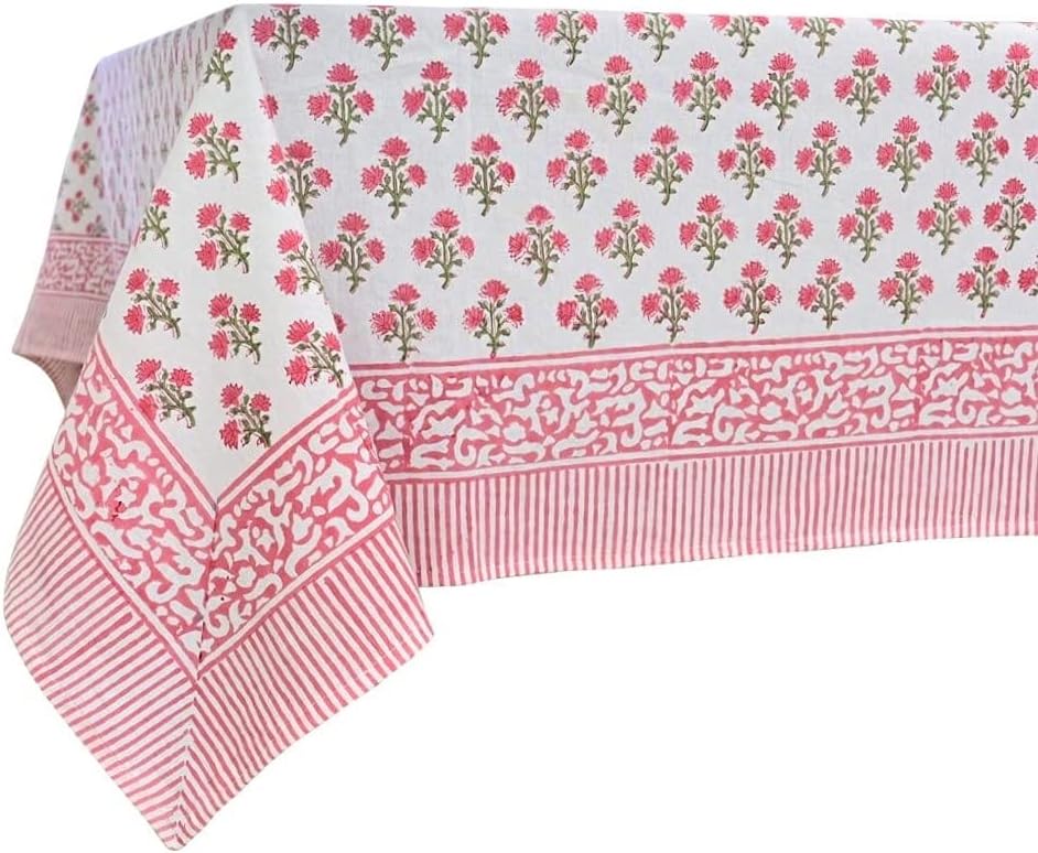 ATOSII Gulbahar White Pink 100% Cotton Fall Rectangle Tablecloth, Handblock Print Floral Table Cloth for Kitchen Dining Linen I Thanksgiving Christmas Weddings Outdoors I 72 X 108 Inches I 8 Seater
