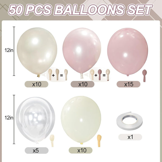 Dusty Pink Balloons, 12 Inch Double Stuffed Blush Pale Light Pink and Pearl Balloon Clear Balloon for Women Girls Baby Shower Bridal Shower Wedding Boho Birthday Party Decorations