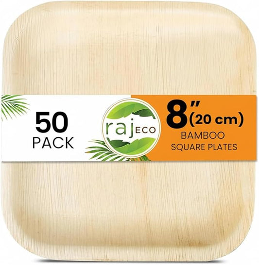 Raj Eco Compostable Palm Leaf Plates Like Bamboo Plates Disposable - 8 Inch Square 50 party plates, Natural wooden, Eco-Friendly, fancy Biodegradable & Disposable Dessert appetizer Plates