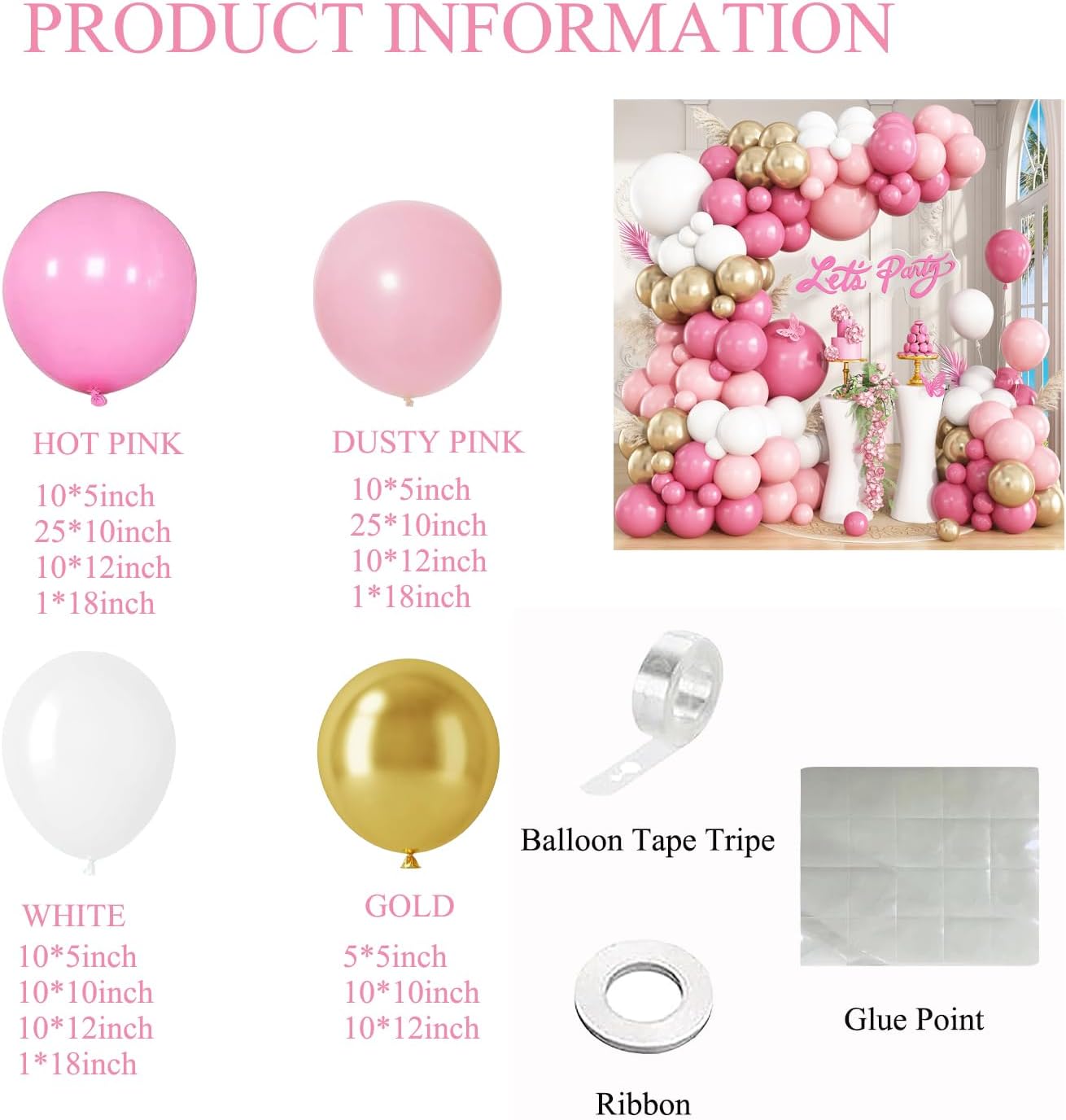 Hot Pink White Gold Balloon Garland Arch Kit, 148Pcs Hot Dusty Pink White Gold Balloons for Baby Shower Wedding Bridal Shower Gender Reveal Birthday Party Decorations