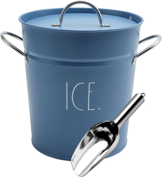 Rae Dunn Ice Bucket with Scoop - Stainless Steel Bucket with Handle, Lid and Ice Scooper - 4 Qt. Storage Bin for Ice Cubes for Bars, Parties, Backyard Barbeques, Picnics, and Camping (Blue)