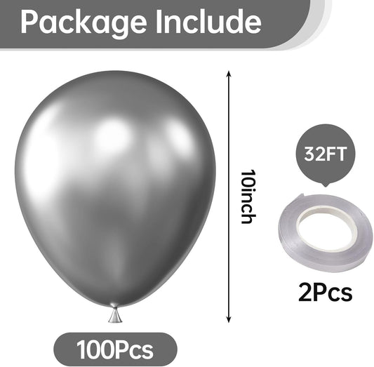 KALOR 10 Inch Metallic Silver Balloons, 100 Pcs Latex Helium Metallic Balloons for Kid's Birthday Party Baby Shower Wedding Graduation Graduation Party Decorations