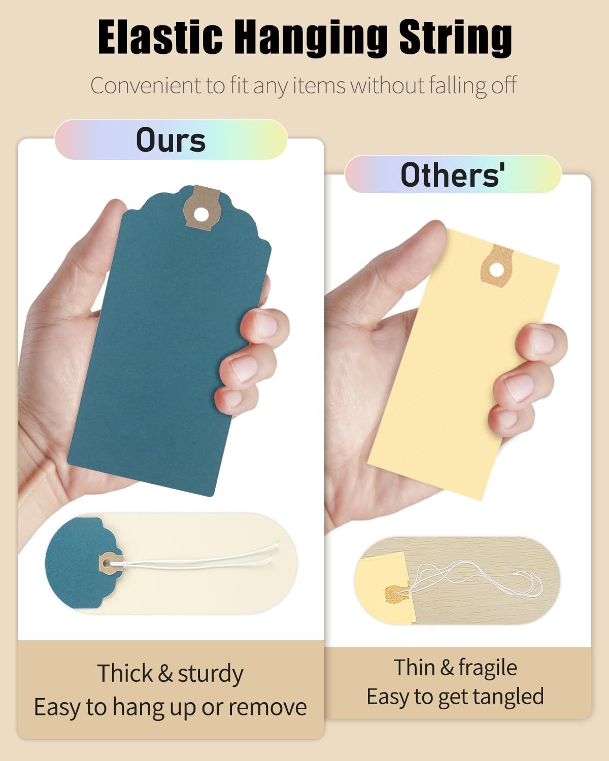 Uniclife 72 Pcs Blank Shipping Tags with Elastic String Attached Colored Cardstock Paper Hang Tags with Reinforced Eyelet Large Marking Tags Price Tags Inventory Labels, 6 Pastel Colors (4.7" x 2.36")