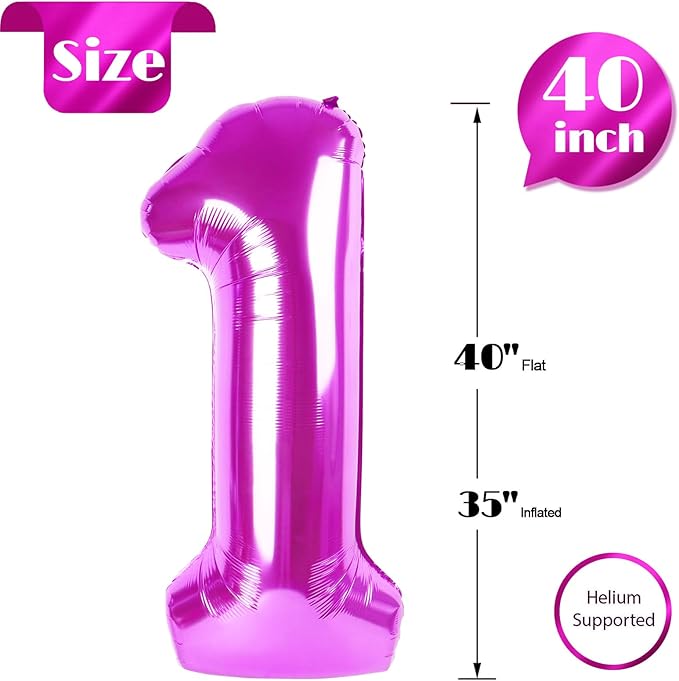 40 Inch Rosy Purple 1 Balloon for First Birthday, 1st Number Balloons Birthday Decorations for Girl Kids Toddler Baby, One Giant Number 1 Balloon