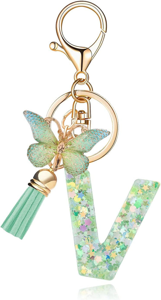 Fashion Alphabet Initial Letter Keychain Tassel Butterfly Pendant Key Ring for Purse Handbags Women Girl