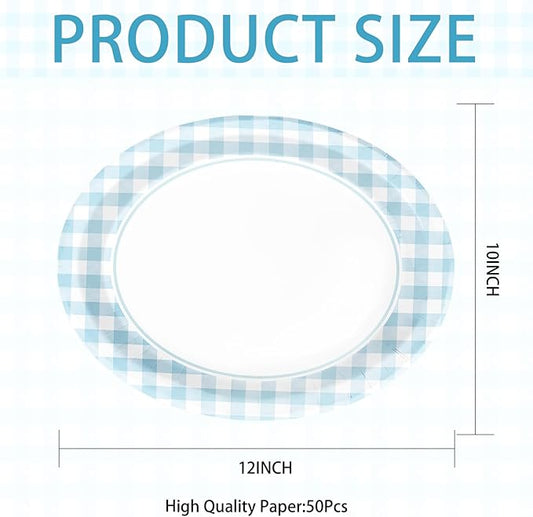 50PCS Light Blue Gingham Paper Oval Plates 10" X 12" Disposable Light Blue and White Gingham Party Plates Disposable Heavy Duty Checkered Plaid Dinnerware for BBQ Gathering Picnic Baby Shower Birthday