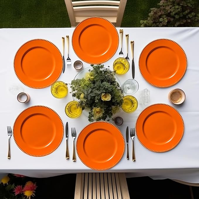 Orange Charger Plates with Beaded Rim, 13" Round Charger for Dinner Plates, Set of 6, Plastic Plate Chargers for Halloween, Table Setting, Party Decoration.