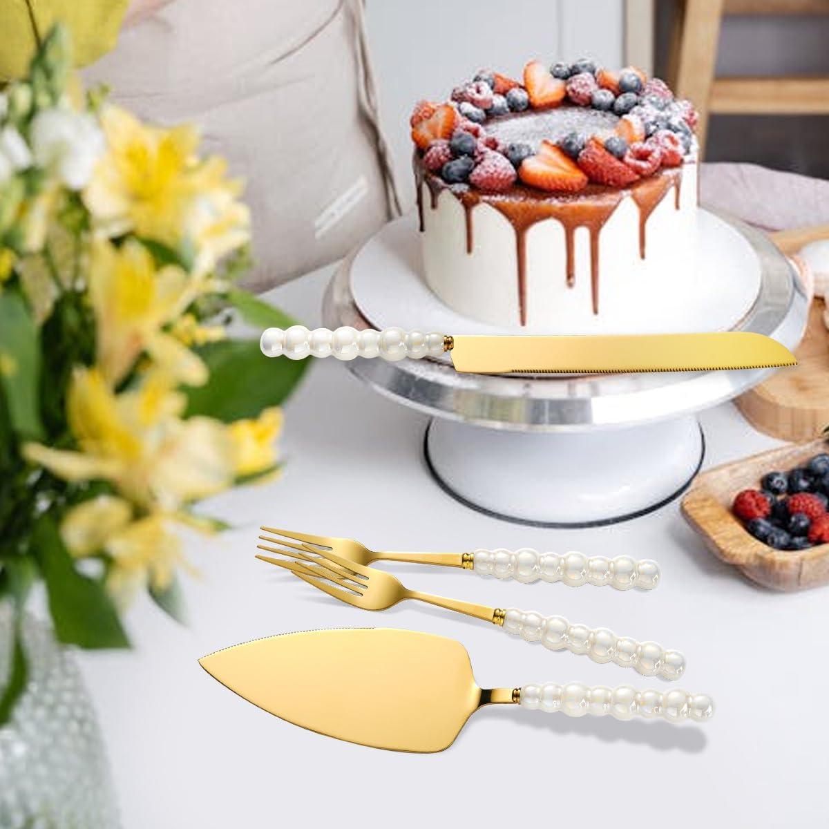 Wedding Cake Knife and Server Set, Ceramic Pearl Handle Cake Cutting Set for Wedding, Stainless Steel Pie Cutter, Bridal Shower Gifts, Engagement Gift for Couples (Silver, Set of 2)