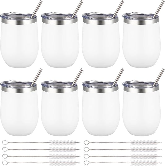 12 oz Insulated Wine Tumbler with Lid and Straw,Stainless Steel Stemless Wine Tumbler Glasses Double Wall Vacuum Wine Cups Tumbler Bulk for Coffee,Champaign,Cocktail (White,8)