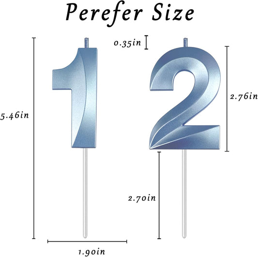 Blue Number 12 Candles, 3D Diamond 2.76 Inch Cake Topper Birthday Candles for Wedding Anniversary Cake Decorations, Happy Birthday Party Decorations