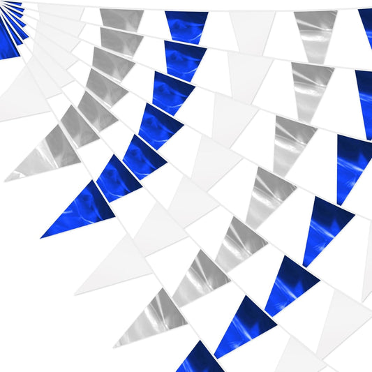 65FT Navy Blue White Silver Glitter Triangle Pennant Banner Flag Metallic Bunting Fabric Garland for Christmas Graduation Wedding Bridal Shower Nautical Ahoy Achor Theme Party Decorations Supplies