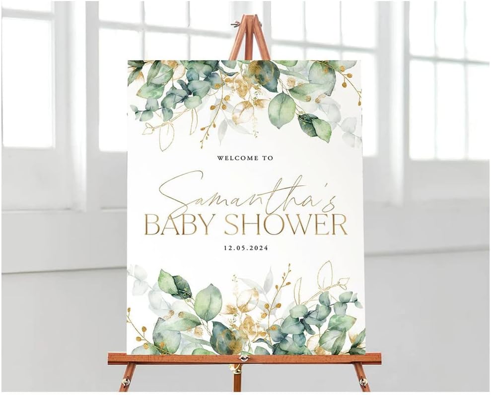 Greenery Gold Personalized Baby Shower Sign, Welcome to Baby Party Sign, Printable Eucalyptus Greenery Welcome Sign, Editable Greenery Baby Shower Sign Decoration, Gender Neutral Baby Shower Signs, Plastic Sign.