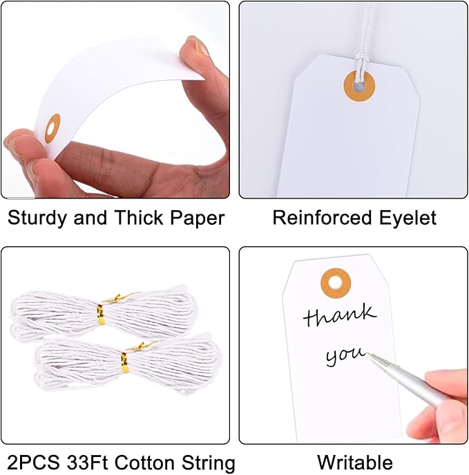 G2PLUS Price Tags with String, 2.4x4.7 in Blank Labeling Tags, White Paper Hang Tag with Reinforced Hole for Shipping, Clothing, Pricing, Marking, Gift Wrapping