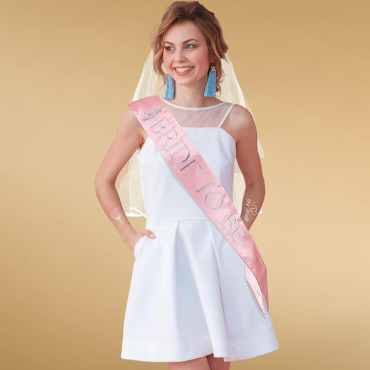 Elegant Bride to Be Sash Set – Embroidered Sash, Plain Veil & Temporary Tattoos – Bridal Shower Hen Night Bachelorette Party Accessories