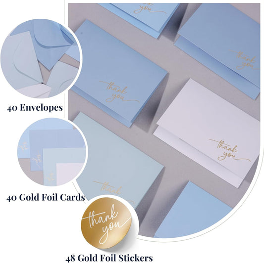 Gold Foil Thank You Cards - Bulk Pack of 40, 5x3.5 Inch with Matching Stickers & Envelopes (Blue) Textured Surface for a Unique Feel - Suitable for Baby Shower, Wedding, Small Business, Graduation