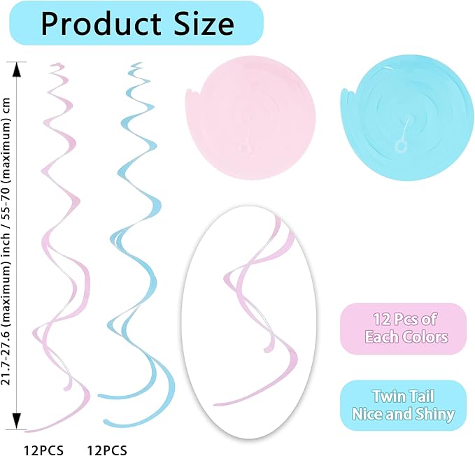 BEISHIDA Matte Pink and Blue Hanging Swirls Party Decorations Plastic Streamer for Baby Shower Hanging Ornament Decorations, Birthday Easter Bridal Party Supplies, Pack of 24