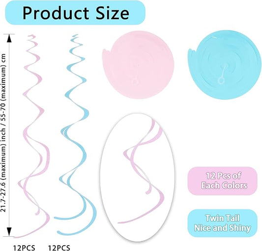 BEISHIDA Matte Pink and Blue Hanging Swirls Party Decorations Plastic Streamer for Baby Shower Hanging Ornament Decorations, Birthday Easter Bridal Party Supplies, Pack of 24