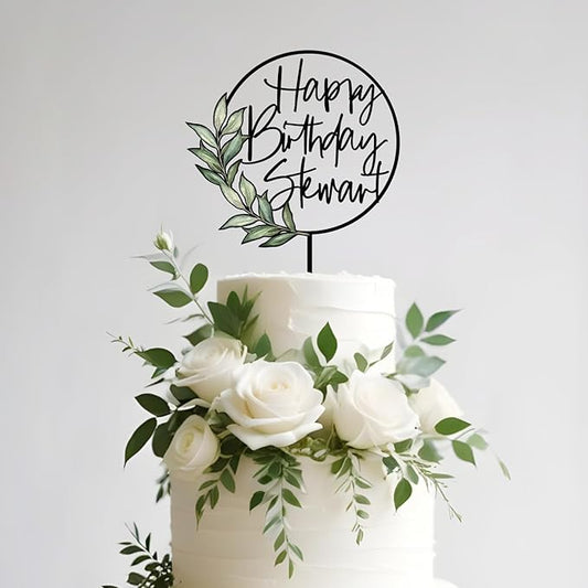 Happy Birthday Cake Topper Custom Name Personalized Birthday Cake Decoration with Green Leaves (Style 01)