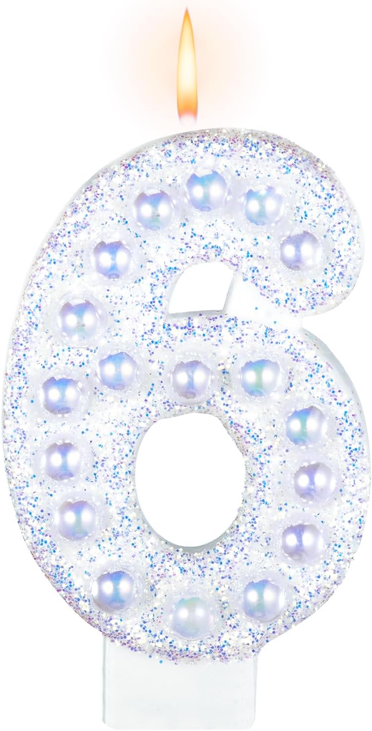 Birthday Candles, Number 6 Birthday Candle for Cake, Birthday Candles Sparklers with Holographic Colored Pearls, 3.35" Large Pearl Candles for Six Sweet Birthday Party Decoration Supplies