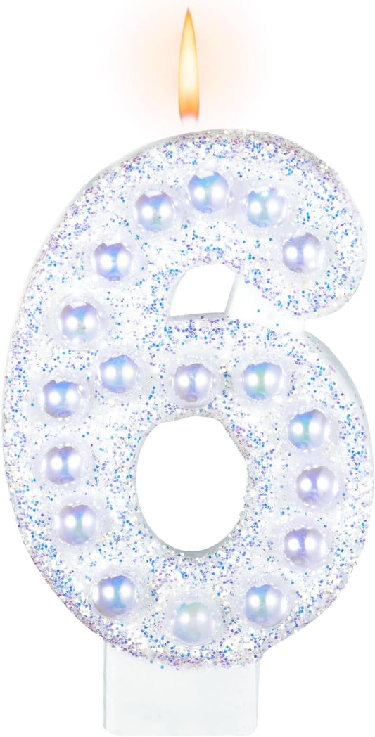 Birthday Candles, Number 6 Birthday Candle for Cake, Birthday Candles Sparklers with Holographic Colored Pearls, 3.35" Large Pearl Candles for Six Sweet Birthday Party Decoration Supplies