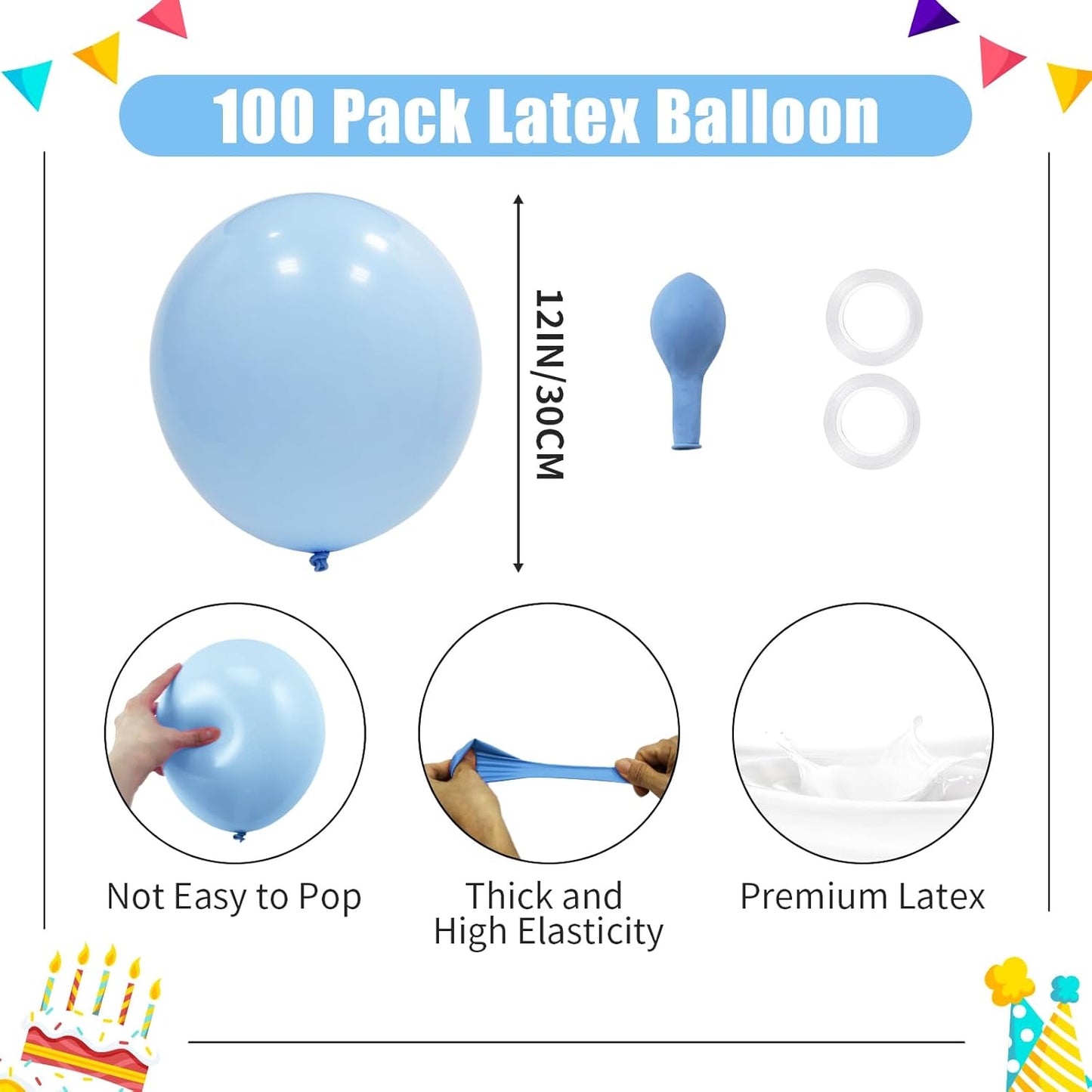 Baby Blue Balloons - 12 inch 100pcs Latex - Round Pastel Blue Birthday Balloons with 2 Ribbons for Baby Shower, Gender Reveal, Birthday Party Decorations
