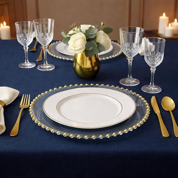 PLASTICPRO Clear with Gold Rim Plastic Charger Plates with Beaded Edge – Pack of 4 – 13" Elegant Round Disposable Chargers for Weddings, Events, Parties, and Dinners