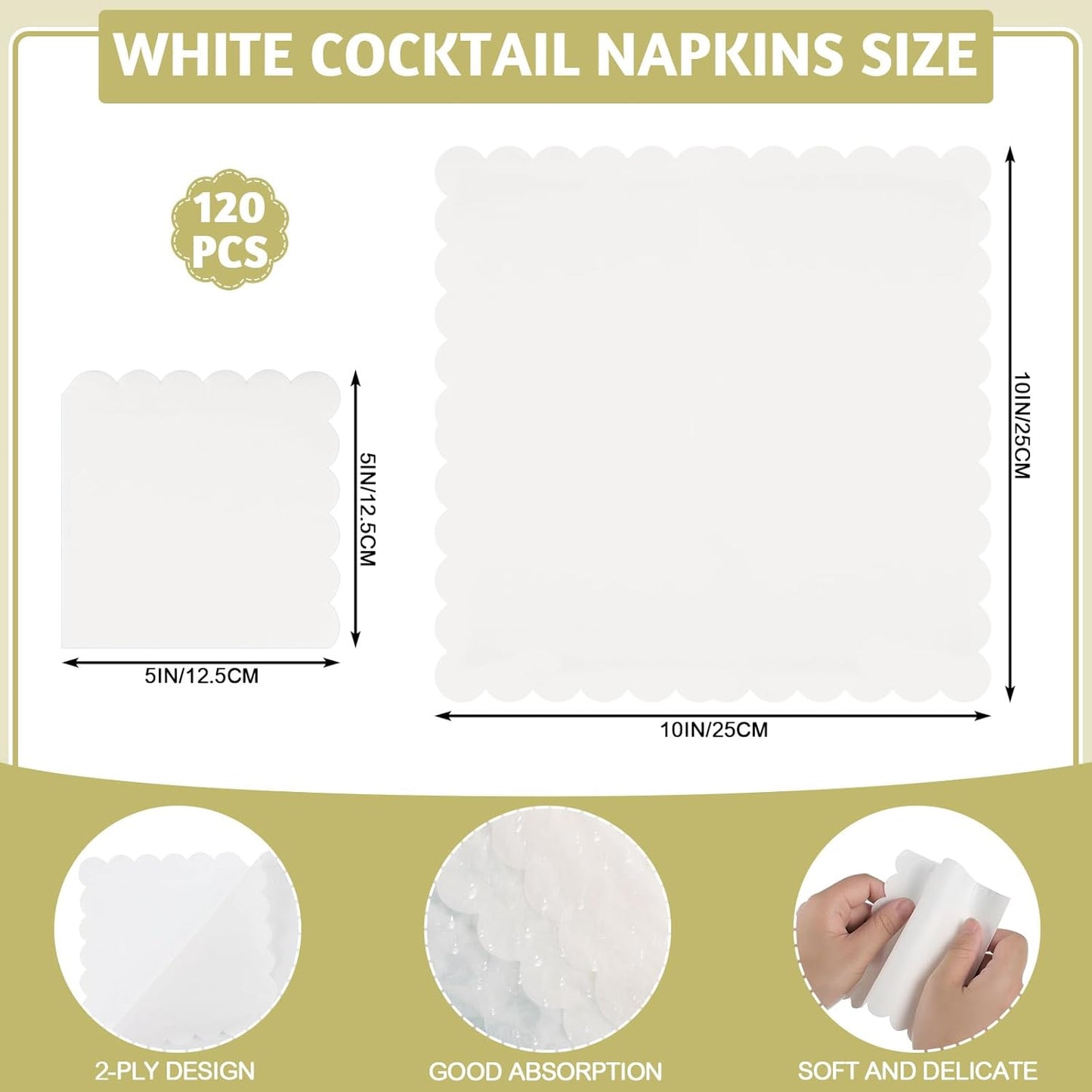 120 Pcs Cocktail Napkins Scalloped White Wedding Napkins Disposable Dessert Beverage Napkins for Wedding, Bridal Shower,Coffee Bar Dinner, 5 x 5 Inch