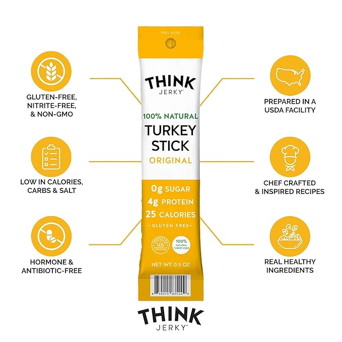 Think Jerky All-Natural Turkey Sticks, Gluten and Sugar Free, No Nitrates, Keto Paleo Friendly High Protein Low Carb Meat Snack - 0.5 oz Sticks, 20 Pack