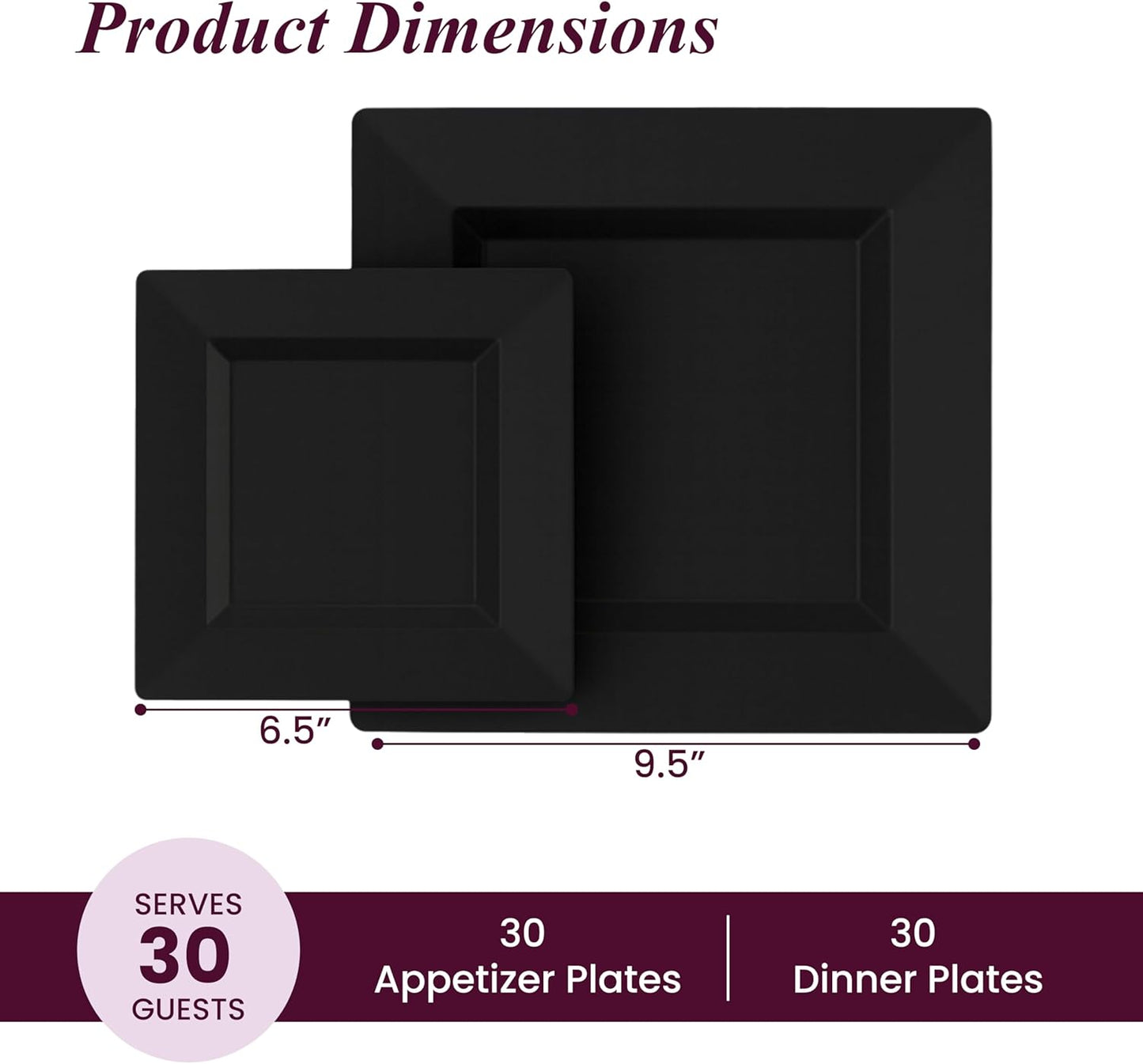 Aya's Square Plastic Plates - 6.5"/9.5" Black Disposable Plates for Party - Heavy-Duty Reusable Food Grade Plastic - 60 Count - Thick and Durable to Prevent Breaking - Ideal for Events and Gatherings