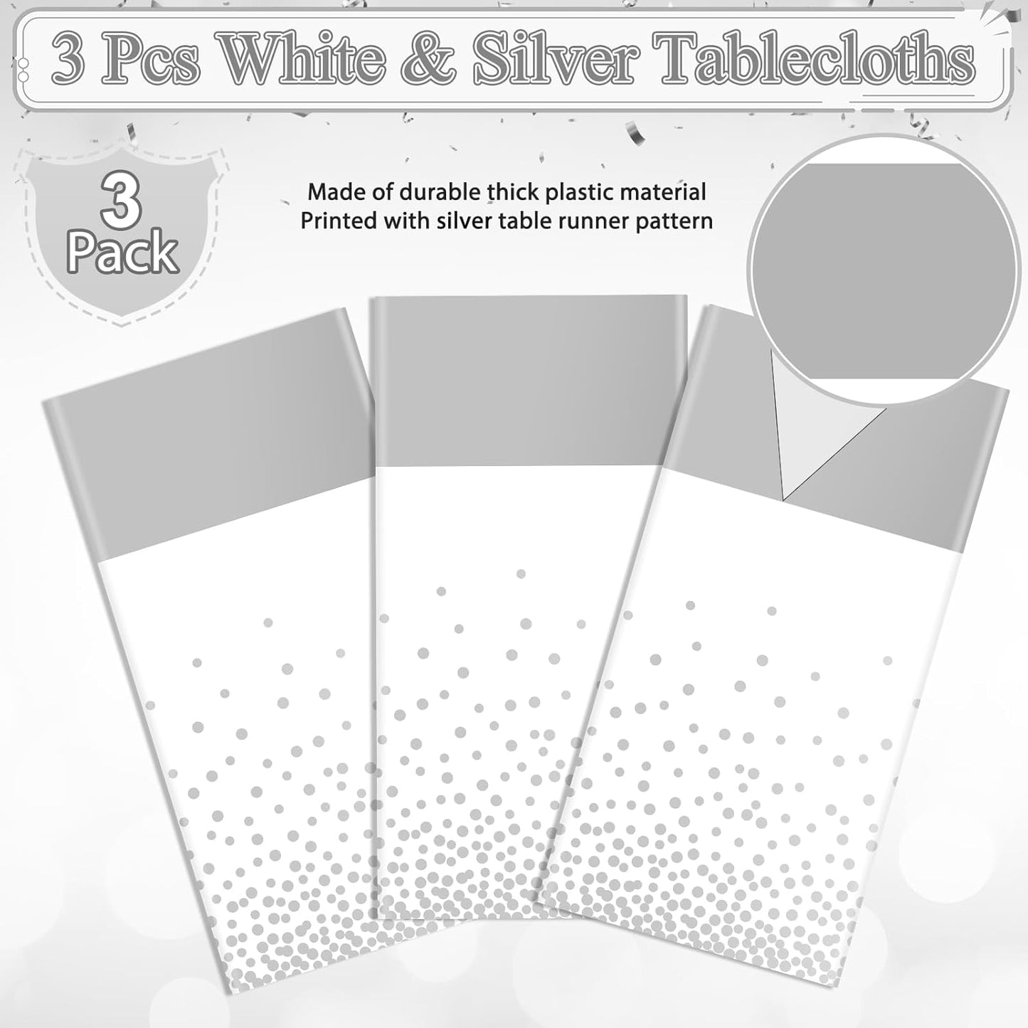 3Pcs White and Silver Tablecloth Party Decorations,Plastic White Table Cloth Printed Silver Runner Disposable Rectangle Table Cover for Birthday Wedding Anniversary Graduation Party,54 x108 Inch