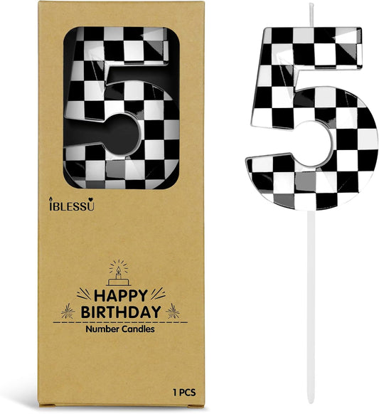 Number 5 Racing Cars Birthday Candles,2.68 Inch Black White Checkered Birthday Number Candles, Cool Racing Themed Number Candles for Boys and Girls, Kids Race Car Themed Party Decorations Supplies